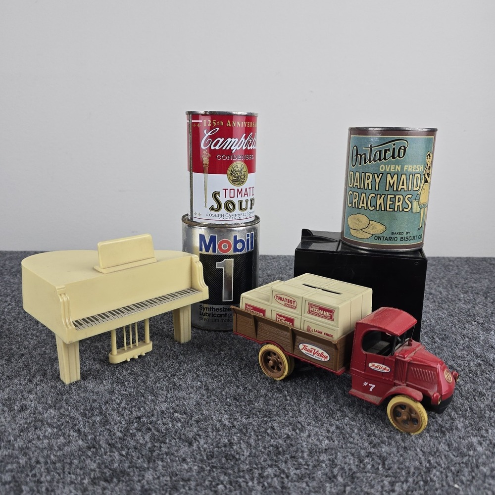 Vintage Coin Bank Lot 6 Mobil 1 Campbell Soup Piano Truck Cracker Tin